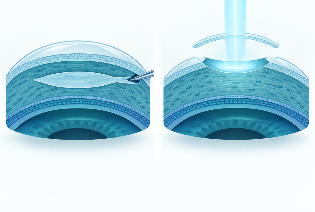Cross-section of the cornea: on the left a thin lenticule is drawn out through a small side opening, on the right the surface layer is removed and a laser reshapes the surface